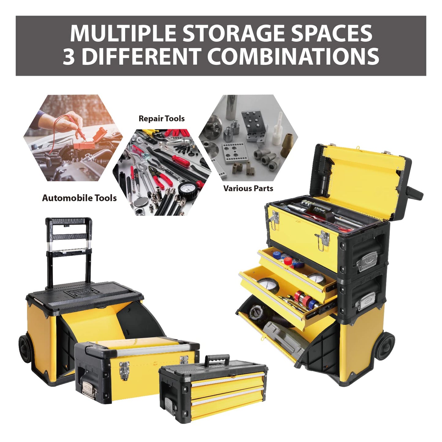 BIG RED Stackable Portable Metal Tool box Organizer with Wheels and 2 Drawers, Rolling Upright Trolley Tool Chest for Garage or Workshop,Yellow,ATRJF-C305ABDYR