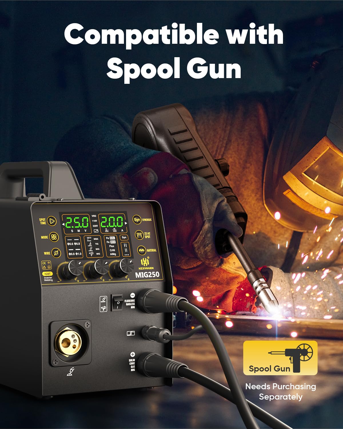 H HZXVOGEN MIG Welder, 250Amp 6 in 1 Gas MIG/Flux Core MIG/Stick/Lift TIG/Spot welding/Spool Gun 110V/220V Aluminum Multi Process Professional Welding Machine with LED Digital Display, 2T/4T