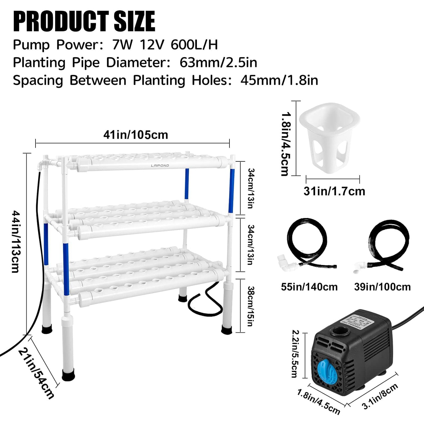 LAPOND Upgraded Hydroponics Growing System Kit 1058 Plant Sites with 7W 12V Submersible Pump and Timer