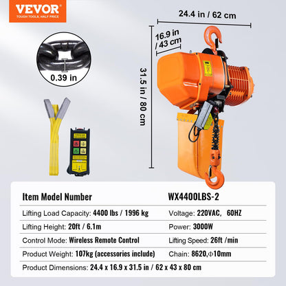 VEVOR 2 Ton Wireless Electric Chain Hoist, 4400 LBS Capacity with 20 FT Lifting Height, IP54 Protection, Three Phase Overhead Crane with G100 Chain