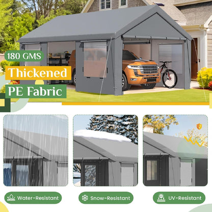 EROMMY 13x20FT Heavy Duty Carport, Portable Garage Shelter with Roll-Up Windows, Removable Sidewalls and Doors, Outdoor Storage Canopy for Car, Truck, Boat, RV, Trailer, Outdoor Gray and Inner White