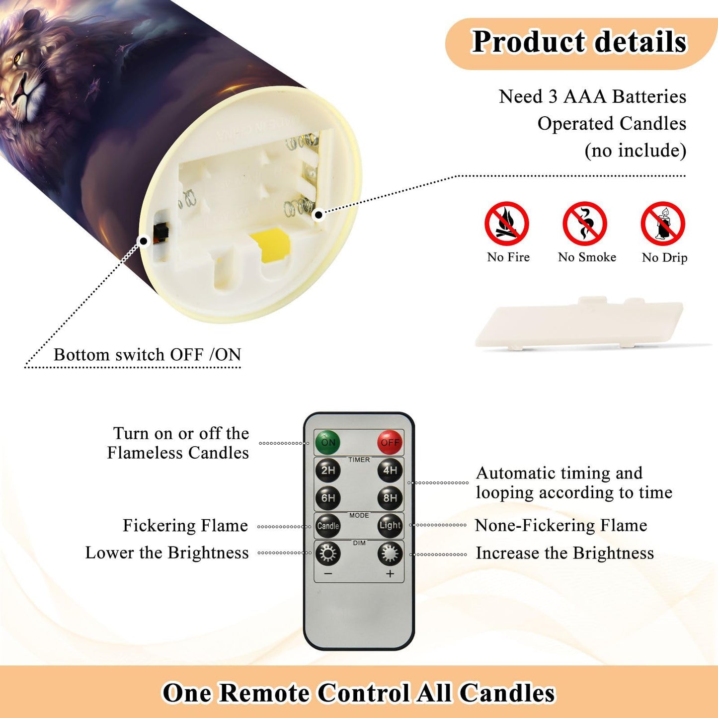 ALAZA Lion with Crown Flameless Candles with Remote Timer,LED Flickering Battery Operated Electric Pillar Tea Light Candles for Wedding Table Christmas Decorations 3" x3.9"