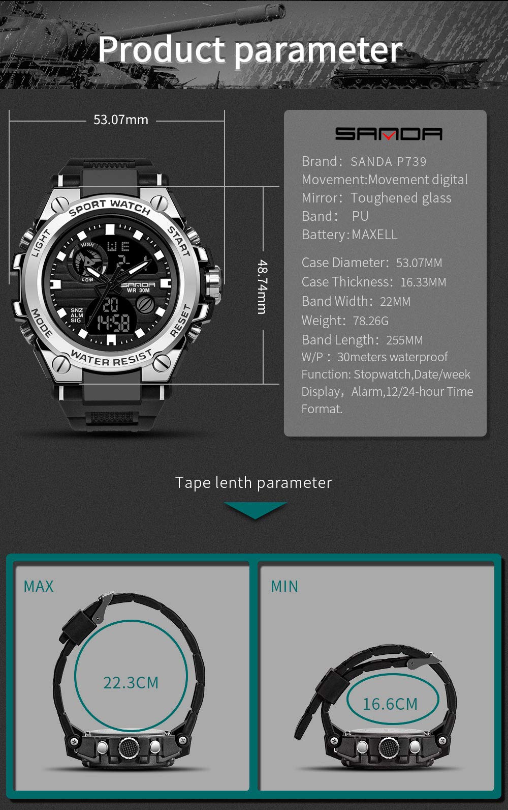 KXAITO Men's Watches Sports Outdoor Waterproof Military Watch Date Multi Function Tactics LED Alarm Stopwatch (26_Black)