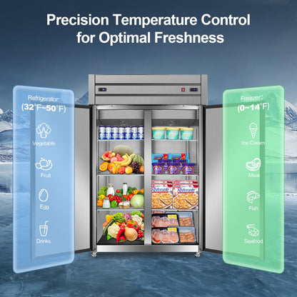 Tylza Commercial Refrigerator and Freezer Combo, 48" W Dual Temperature Zones, All Stainless Steel Design, 770L 6 Adjustable Shelves Refrigerator and Freezer Combo for Restuarant, Shop, Garage, etc