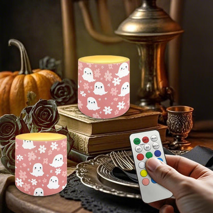 Merkmak Pink Battery Operated Flameless Candles with Remote and Timer Halloween Flameless LED Pillar Candles for Banquet, Party, Home Decoration Battery Tealights, Spider Web Ghost