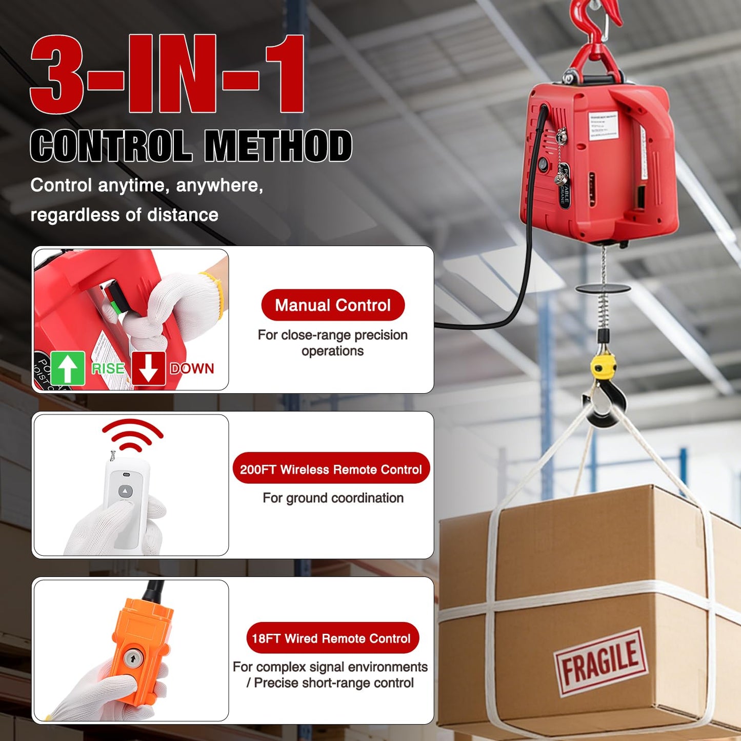 Nilight 3-in-1 Electric Hoist Winch, 660LBS 1500W Portable Power Winch Crane with Manual Wired Wireless Remote Control, 110V Electric Winch 33FT/Min Speed 39FT Height for Garage Warehouse Factory, Red