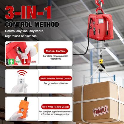Nilight 3-in-1 Electric Hoist Winch, 660LBS 1500W Portable Power Winch Crane with Manual Wired Wireless Remote Control, 110V Electric Winch 33FT/Min Speed 39FT Height for Garage Warehouse Factory, Red