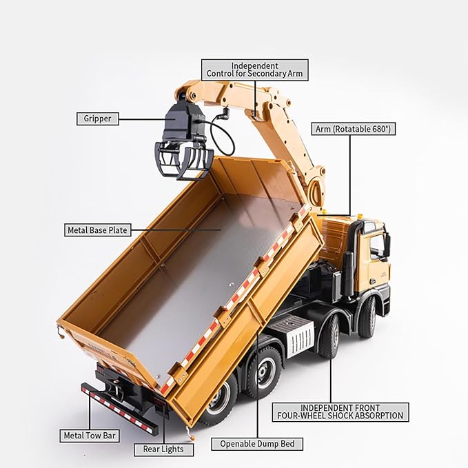 Remote controlled dump truck large 18.8 inches (48CM) 1:14 vehicle model three in one grab head replaceable construction transport vehicle remote control model Suitable for adults 14+ (dual battery)