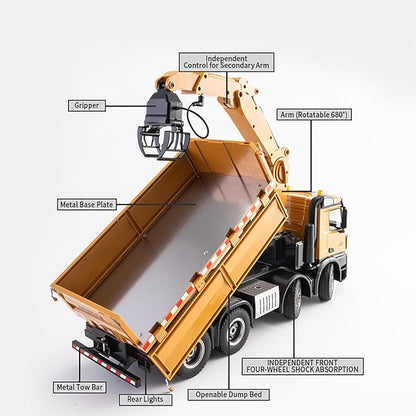 20-Inch 3 in 1 Remote Control Dump Truck Wood Grabber 26-Channels 1/14 Scale 6.6LBS Load Capacity RC Heavy Duty Metal Construction Vehicles Toy for 14y+ Beginners (8 Wheels)