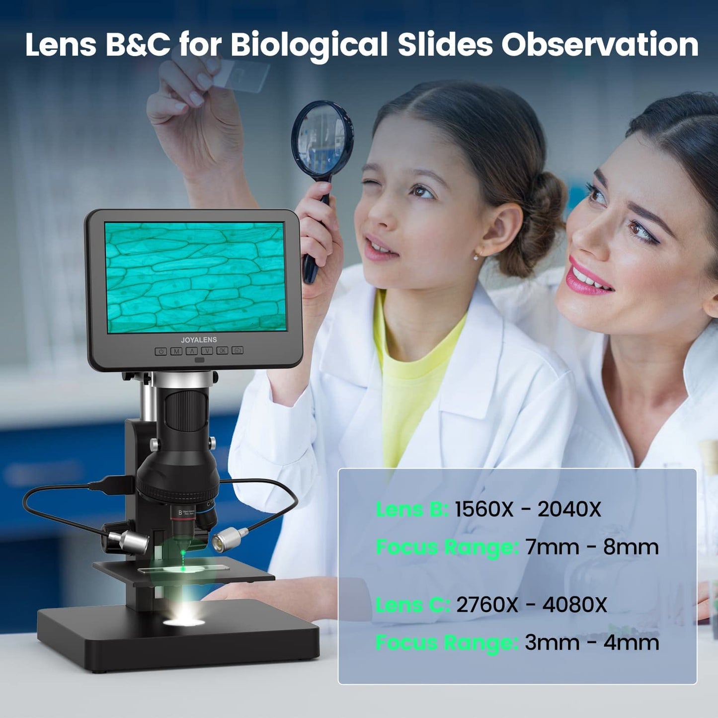 JOYALENS JL246PS 3 Lens 7'' HDMI Digital Microscope 4000X, Biological Microscope for Adults Kids with Prepared Slides, UHD 2160P Video, Full Coin Microscope for Error Coins, Windows Compatible, 32GB