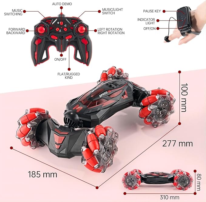 1:10 Remote Control Stunt Car 4WD 2.4 GHz Hand Gesture Sensing RC Crawler Vehicle 360° Flips with Lights Music Spray Birthday Presents Toy Cars for Kids Both Boys and Girls Aged 6-12 (Red)