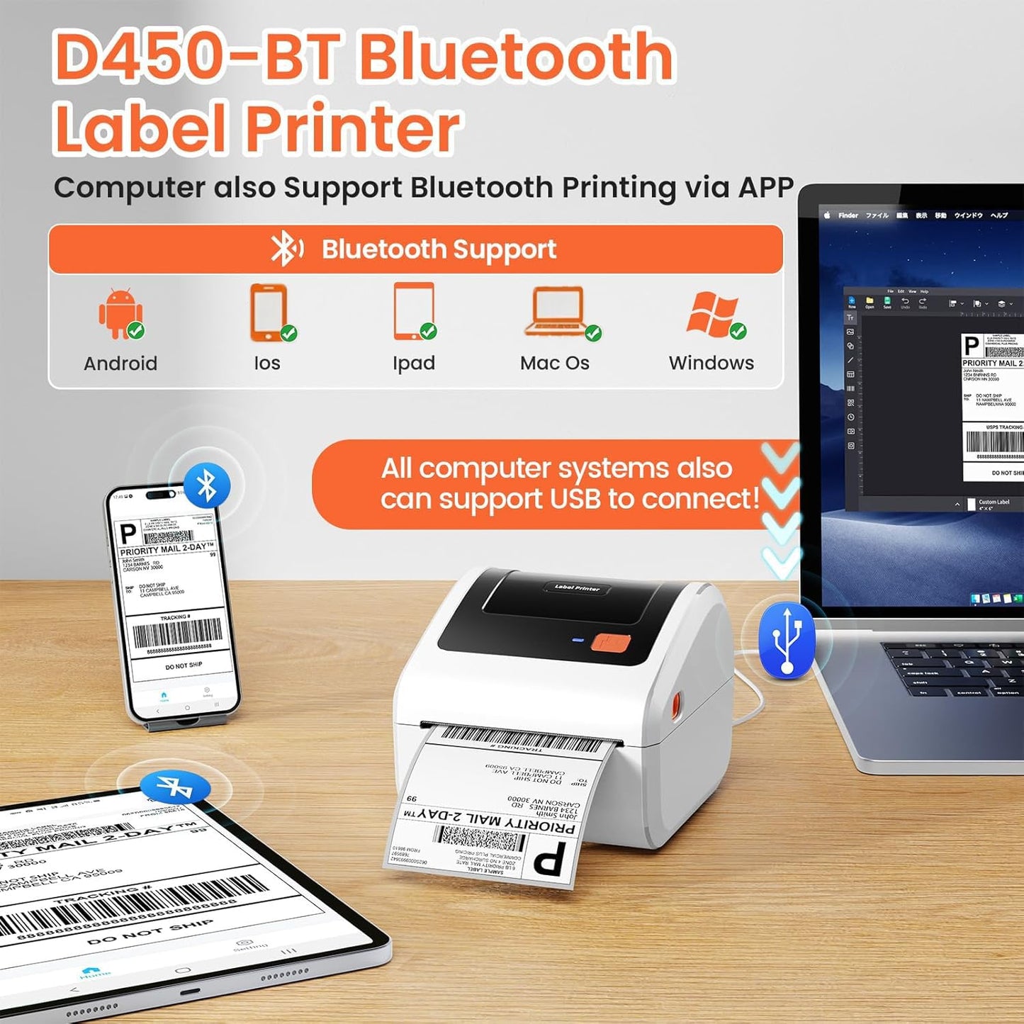 Omezizy Bluetooth Shipping Label Printer with 3 Roll Labels, D450BT White Thermal Label Printer 4x6 for Small Business, Thermal Printers Come with 750PCS 4x6‬ White Labels (250 Labels/Roll)