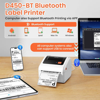 Omezizy Bluetooth Shipping Label Printer with 3 Roll Labels, D450BT White Thermal Label Printer 4x6 for Small Business, Thermal Printers Come with 750PCS 4x6‬ White Labels (250 Labels/Roll)