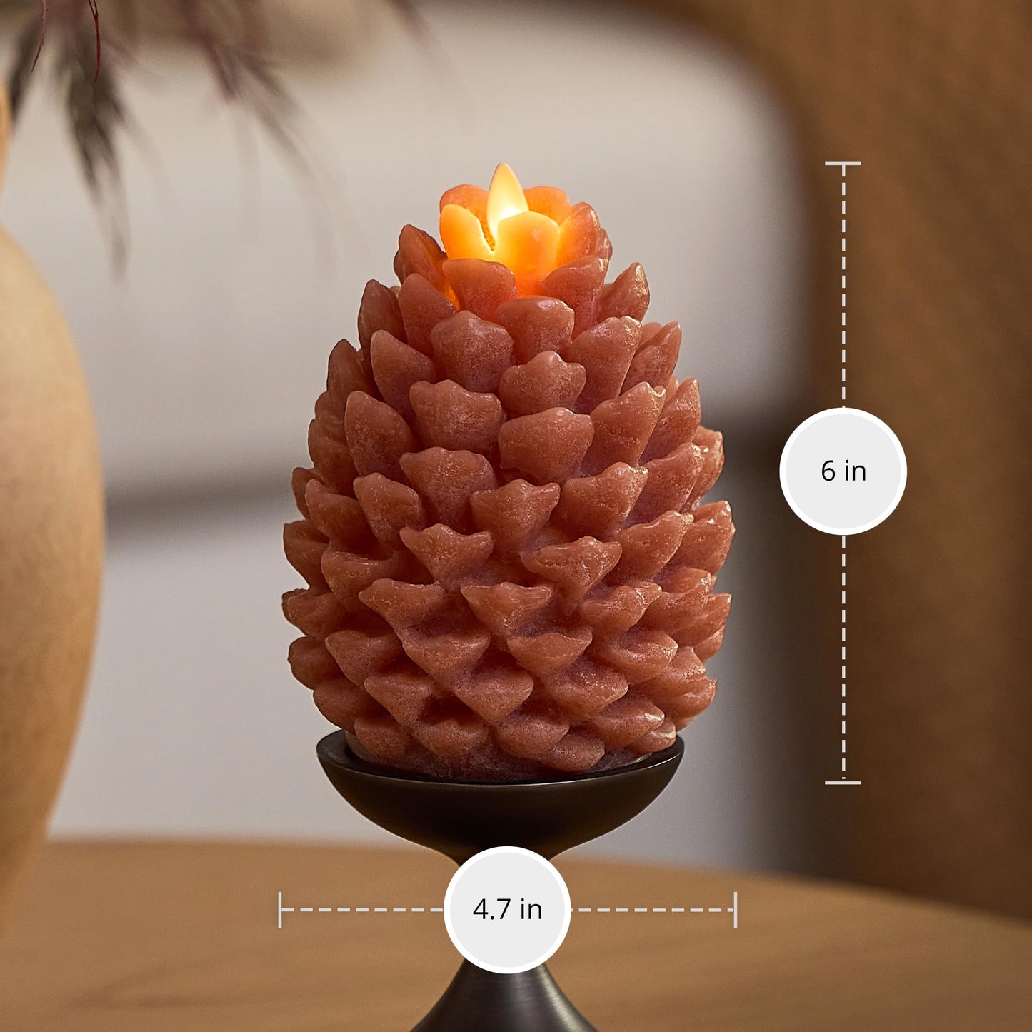 Luminara Flameless Candle 4.7" x 6" Battery Operated with Timer Real Wax Unscented LED Pinecone Caramel Café Chalky Finish Pine Cone Figural Holiday Decoration Rustic Centerpiece Table Decor