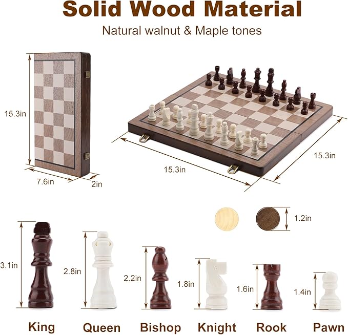 15 Inch Magnetic Wooden Chess Set with Folding Board and Chess Piece Storage Slot Handmade Portable Travel Chess Game Sets for Kids Adults Beginner and Pros Carry Bag 2 Extra Queens