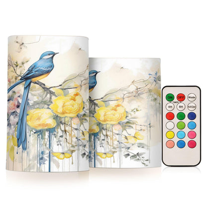 Spring Blue Bird with Yellow Flowers Butterflies Flickering Flameless Candles Battery Operated with Remote Timer,Tea Light Candles LED Pillar Votive Candles set of 2 for Outdoor Indoor Decorations