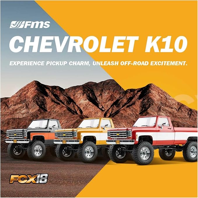BEEZRC FMS 1/18 RC Crawler FCX18 Chevy K10 RC Truck RTR RC Car Official Licensed Model car 8km/h 4WD 900mAh Hobby RC Cars Remote Control Car with LED Lights Vehicle 4-Ch 2.4GHz Transmitter(Yellow)