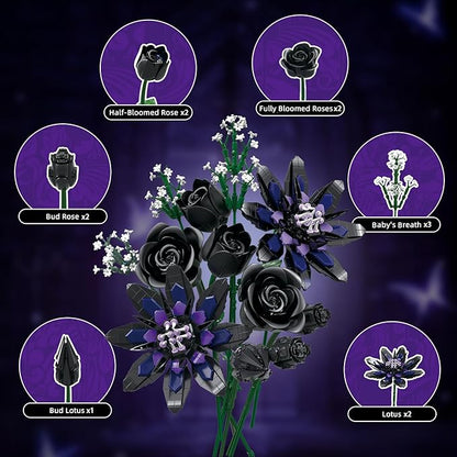 Flower Bouquet Building Set 12 Gothic Black Rose and Lotus Botanical Collection Building Block Toy Compatible with Lego Flowers for Adults Women Home Decor Gift for Valentine Mother's Day