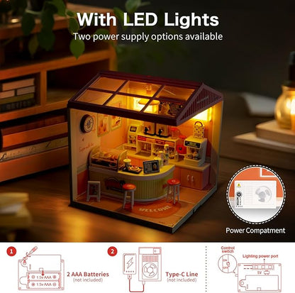LED Building Blocks for Adults 1:24 DIY Miniature Dollhouse Kits with Roof &amp Dustproof Cover Tiny House Toy Building Sets for Kids Ages 8-12-15 Birthday Hobbies Gift for Men Women Boy Girl