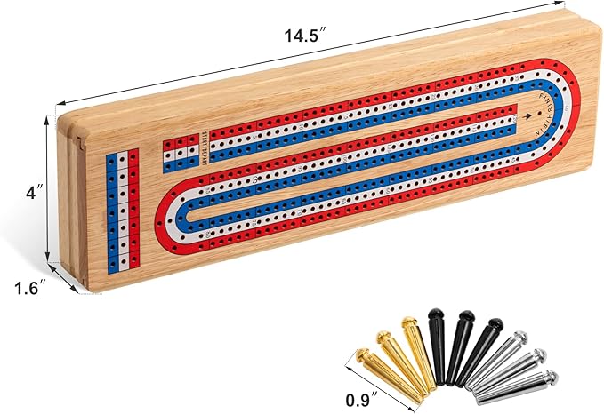 Cribbage Board Game Set with Large Storage Area Solid Wood 3 Track Cribbage Board 9 Metal Pegs 2 Playing Cards and Instruction. Portable Travel Board Game for All Ages.