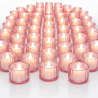 Mumufy 100 Pcs Glass Tealight Candle Holder Ribbed Votive Candle Holder for Centerpiece Wedding Proposal Spa Aromatherapy Meditation Home Decor (Pink)