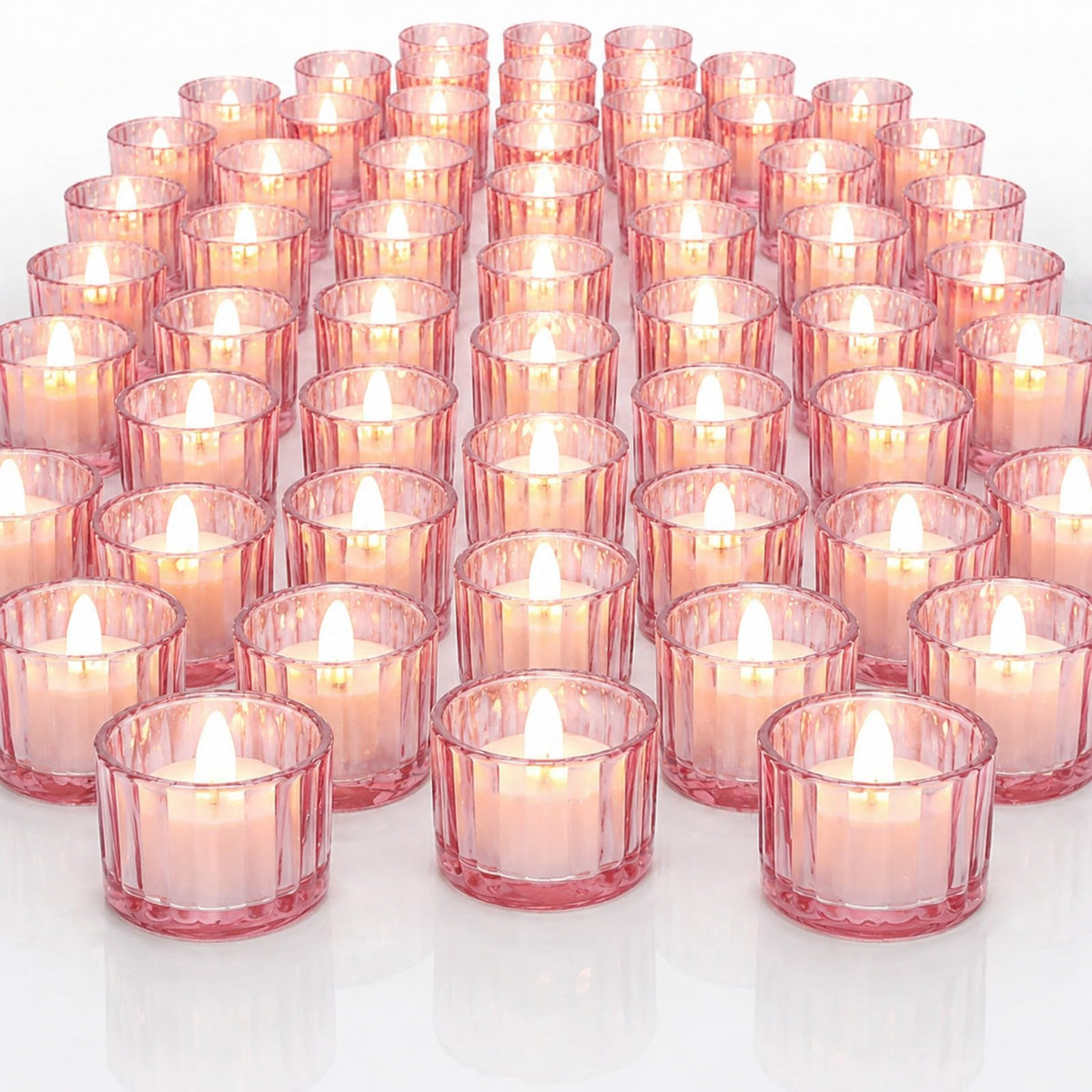 Mumufy 50 Pcs Glass Tealight Candle Holder Ribbed Votive Candle Holder for Centerpiece Wedding Proposal Spa Aromatherapy Meditation Home Decor (Pink)