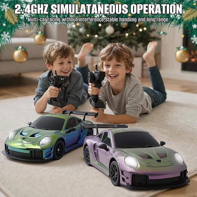 RC Drift Car 1:24 4WD Remote Control Cars Vehicle with LED Light2.4GHz 20KM/H High Speed RC Cars with Two Batteries &amp Drifting Tires Racing Sport Toy for Adults Boys Girls Kids