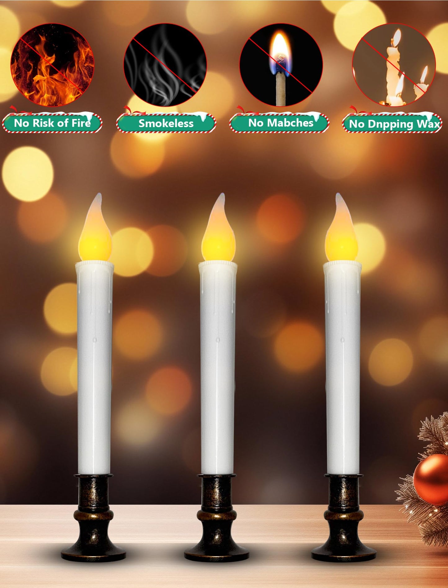 Xingzd 4 Pack Christmas Battery Operated LED Window Candles with Timer, 7.75" Teardrop Flameless Candle Lamp with 4 Suction Cups for Indoor Party Mantels Table Birthday Home Decor, Bronze