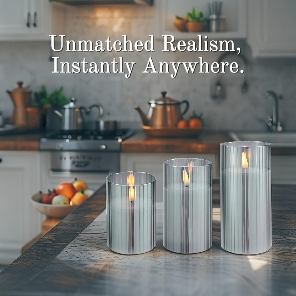 VENTA Flickering Flameless Candles With Remote Control - Led Candles Battery Operated - Battery Operated Candle For Decoration Table, Timer & Dimmer Features, Set - 3Pcs (4",5",6") (Grey Ribbed Glass)