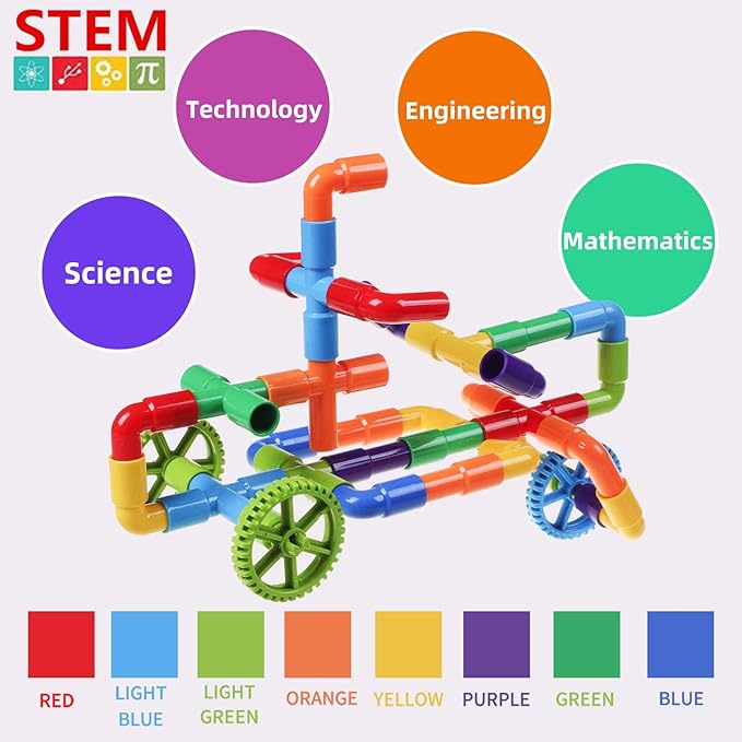 burgkidz STEM Learning Pipe Tube Construction Building Blocks Sensory Toys with Wheels Baseplate for All Ages Kids Boys Girls 188 Pcs