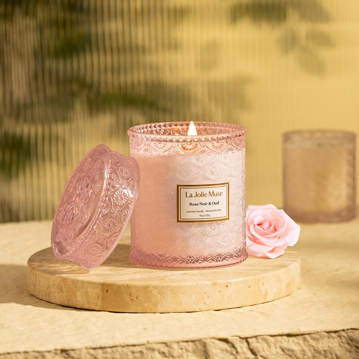 LA JOLIE MUSE Rose Noir & Oud Scented Candle – Lemon, Rose & Oud |19 oz Large Wooden Wick Candle | Natural Soy Wax | 90 Hours Clean Burn | Gift-Ready for Hosts & Gatherings | Elegant Home Décor