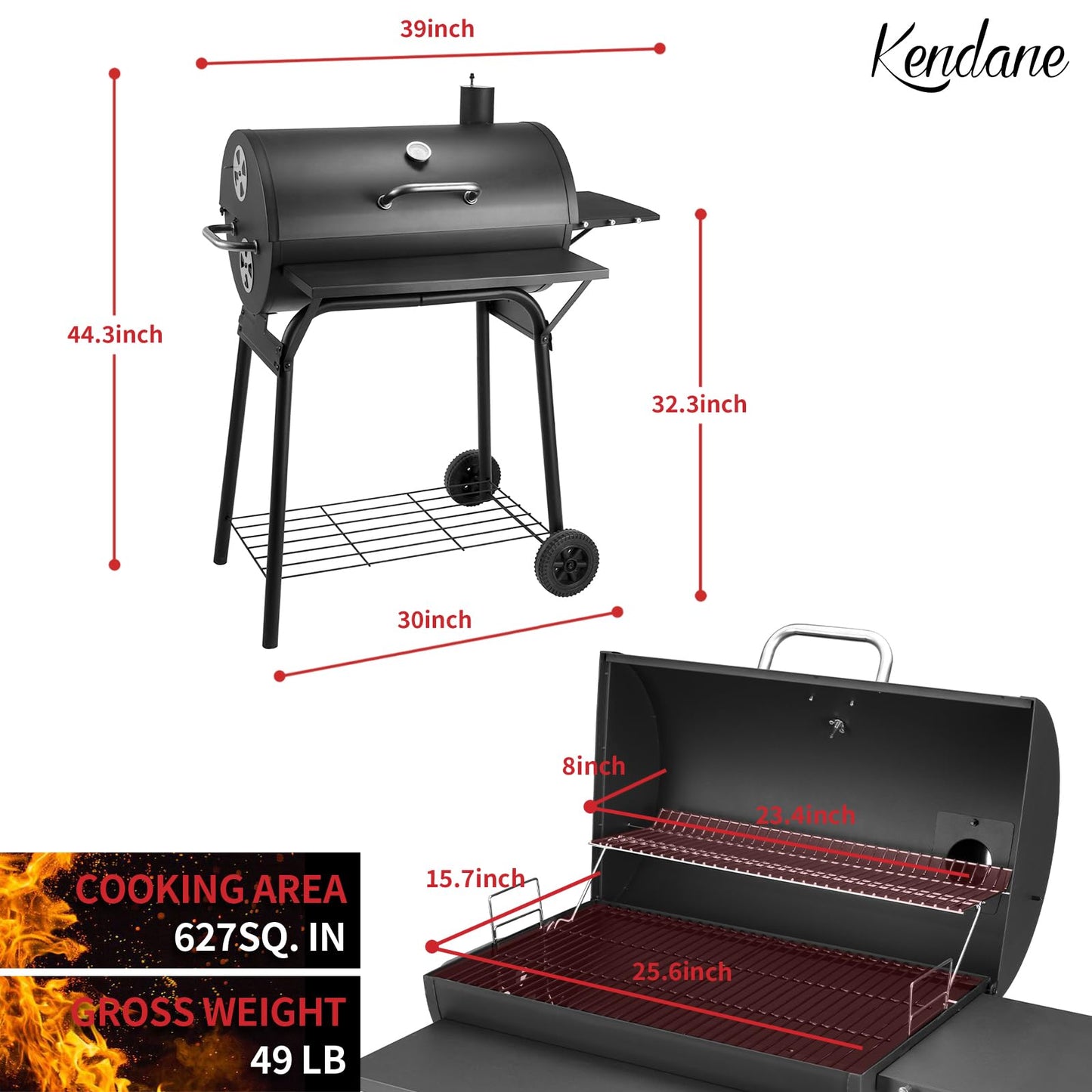 Kendane Barrel Charcoal Grill, Large Charcoal Grills with Front and Side Shelf, 627 Square Inches Cooking Grid, Outdoor BBQ Grill, Perfect for Backyard Camping, Patio Parties, and Picnics