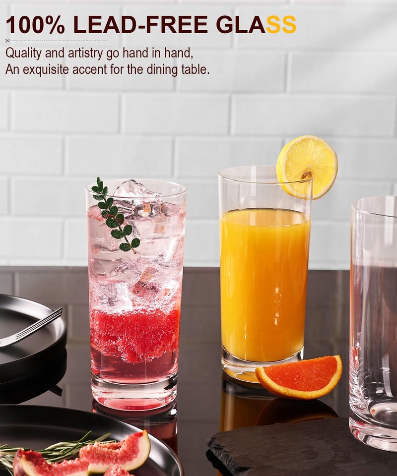 LUNA & MANTHA Drinking Water Glasses Set, Lead-Free Crystal Highball Glass, Tall Glass Cups for Cocktail Parties,Clear set of 4,16oz