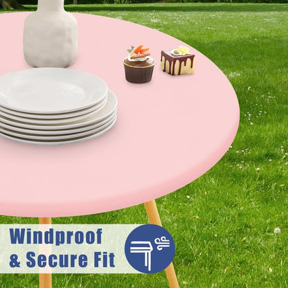 Moosfor Round Spandex Valentines Day Tablecloth, Elastic Fitted Waterproof Tablecloths for 18"-24" Tables, Stretch Washable Picnic Table Cover for Camping, Dining, Indoor and Outdoor, Pink