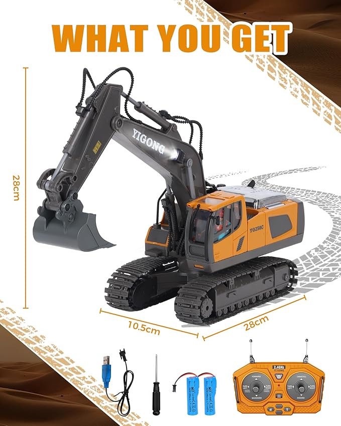 HuiJuKeJi 11-Channel Remote Control Excavator Toy Rechargeable 2.4 GHz RC Construction Vehicle for Kids 680° Rotation | Metal Shovel | Lights &amp Sounds for Boys Ages 6-12