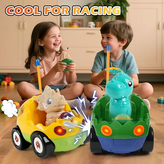 2-Pack Remote Control Dinosaur Toy Car for Kids - Birthday Gifts for Boys Toddlers Ages 18+ Months 2 3 4 5 Year Old Dino RC Vehicle with Lights and Music