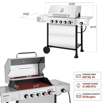 Royal Gourmet GA5401T 5-Burner BBQ Liquid Propane Gas Grill with Side Burner, Stainless Steel 61,000 BTU Output for Patio Garden Picnic Backyard Cooking, Silver