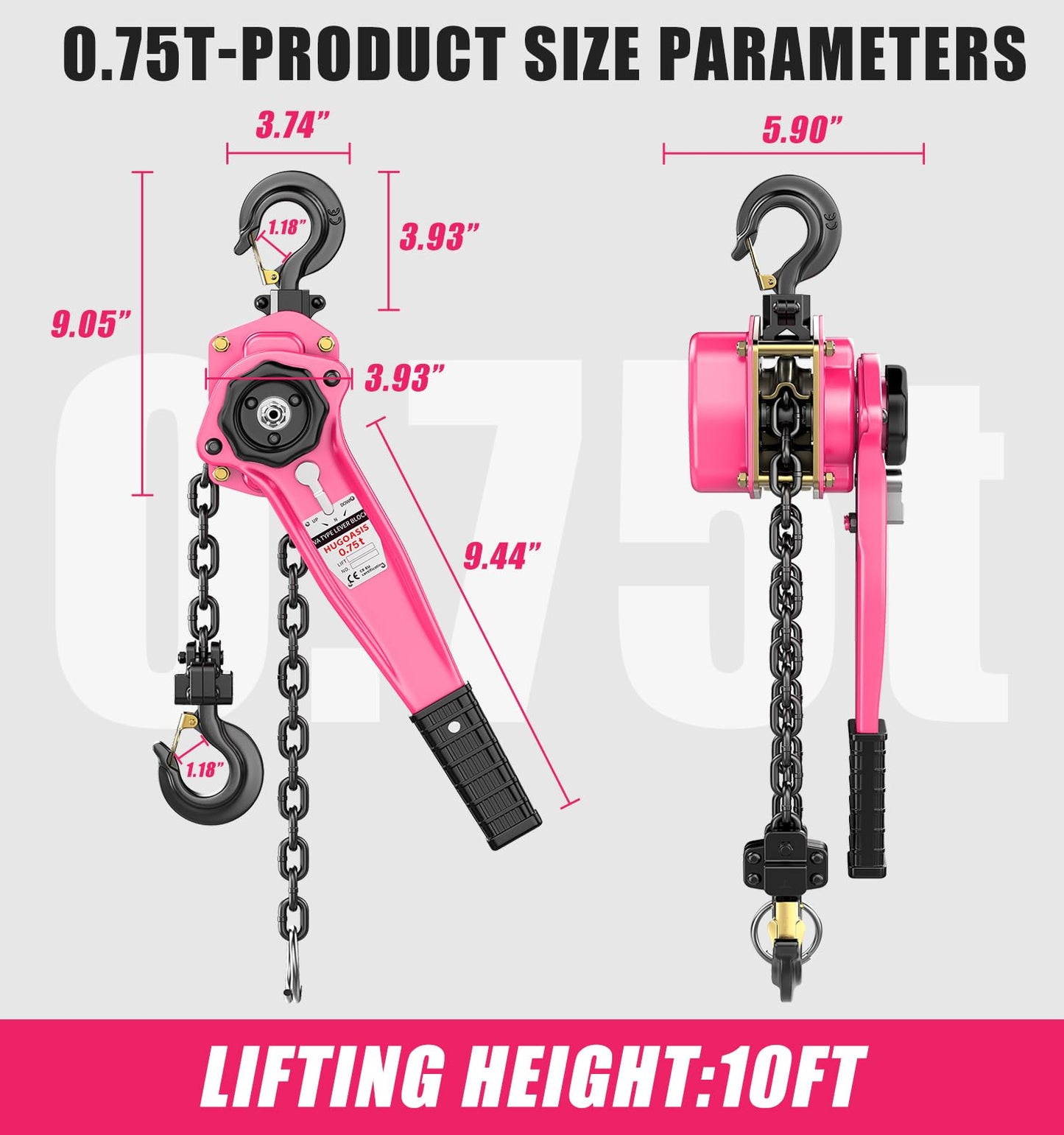 HUGOASIS Lever Chain Hoist 3/4 Ton 1650 Lbs Capacity 10FT Lift 2 Heavy Duty Hooks,Manganese Steel G80 Manganese Steel with Double-Pawl Brake Chain Come Along for Warehouse,Automotive,Garages,Pink