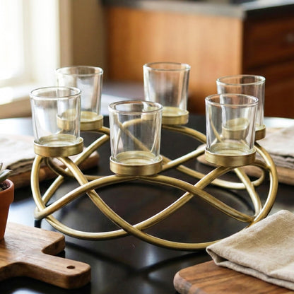 Seraphic Centerpieces for Table Decorations - Round Candle Holders for Outdoor Patio, Dining, Kitchen, Coffee & Wedding Table Decor, Gold Iron Candelabra, 6 Clear Glass Votive Tealight Cups