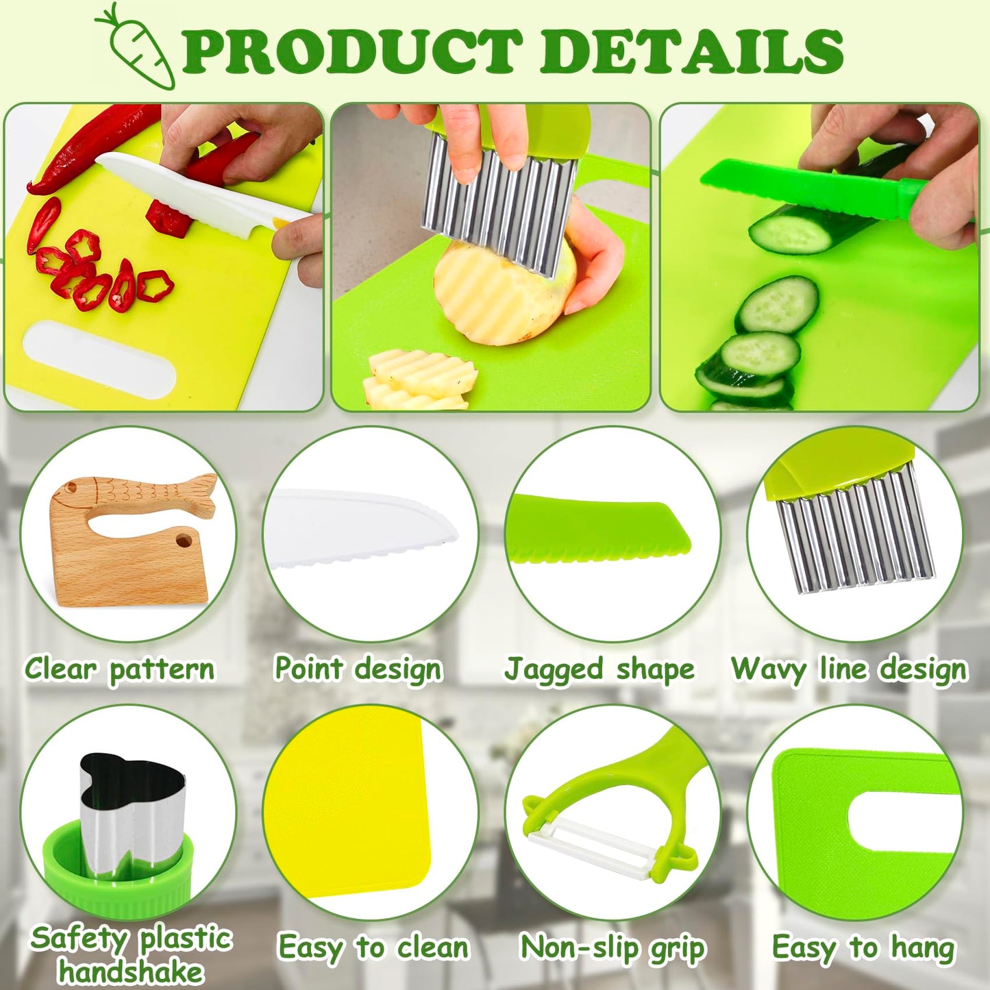 15 PCS Montessori Kitchen Tools for Toddlers Kids Cooking Sets, Apron, Serrated Toddler Knife, Crinkle Cutter, Sandwich Cutter, Wooden Fruit Knife, Y Peeler, Cutting Board for Cooking Kid Safe Knive