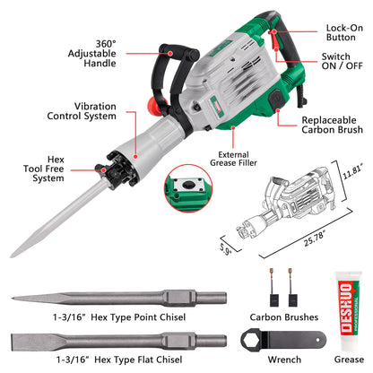 Deshuo 30 lb. Demolition Jack Hammer with 1-3/16" Hex Shank, 1700W 14-Amp Heavy Duty Corded Electric Concrete Demo Chipping Breaker with Carrying Case, Flat & Bull Point Chisel