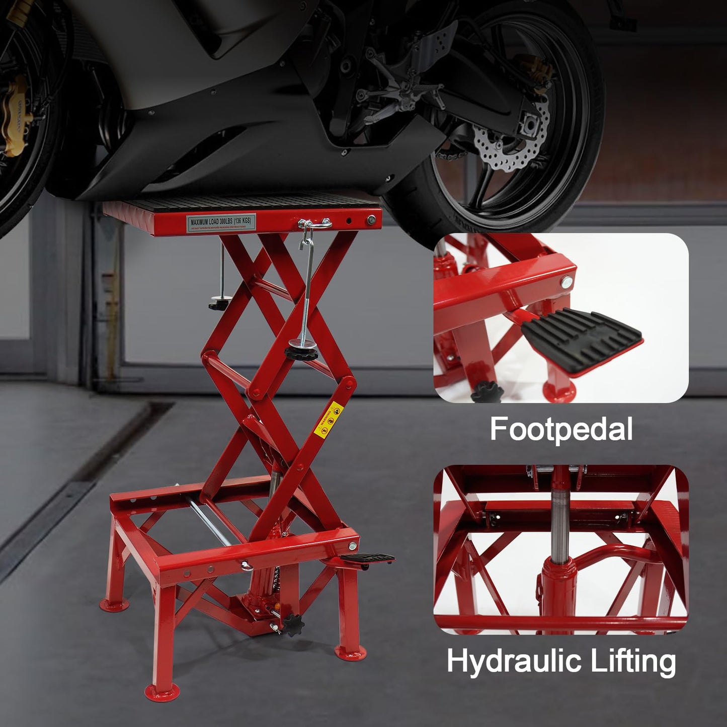 Hydraulic Motorcycle Lift Jack, 300 LBS Capacity Steel ATV Scissor Lift Jack for Motorcycles, Portable Motorcycle Lift Table
