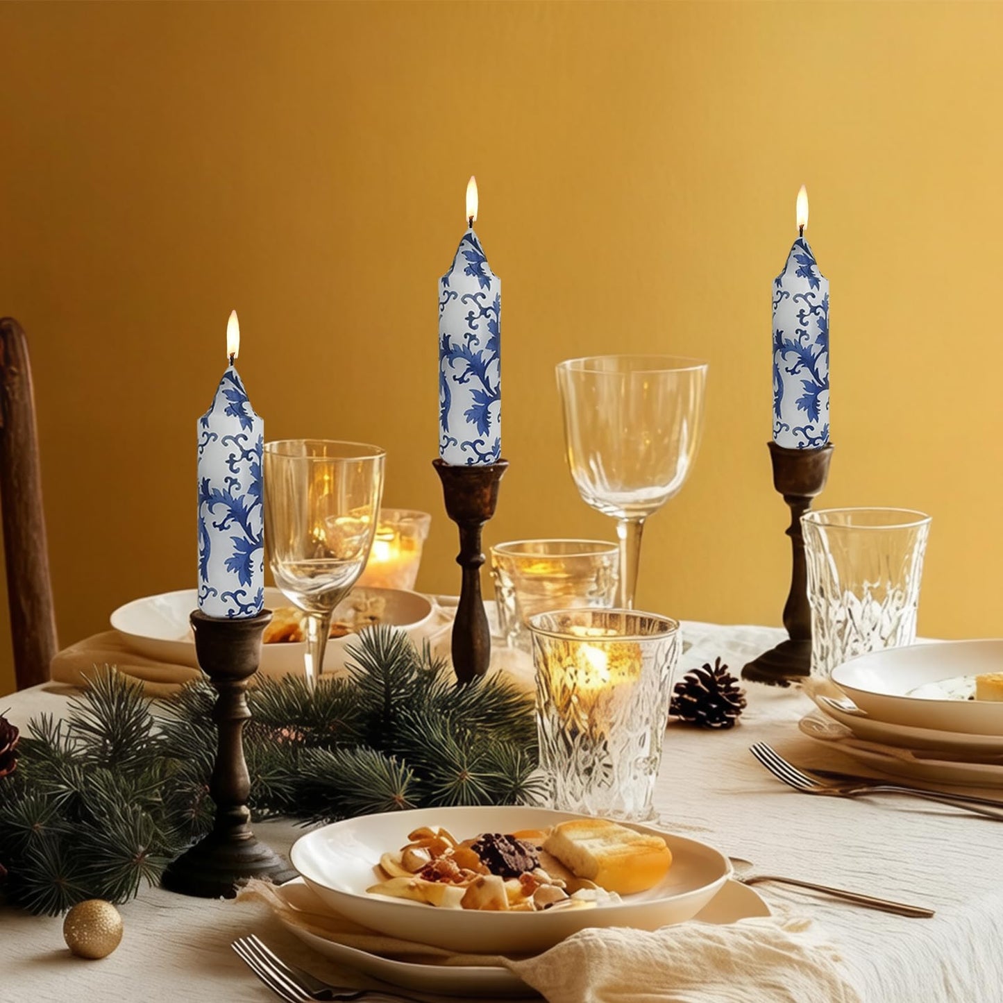Unscented 5 Inch 4 Pack Blue and White Porcelain Short Taper Candles, Handmade Smokeless Candle Sticks for Candlelight Dinner Valentine's Day Wedding Home Decor