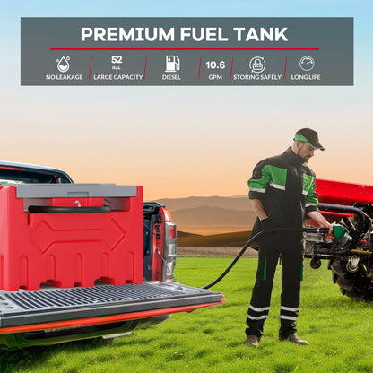 52 Gallon Diesel Transfer Tank with 12V Fuel Pump, Auto Shut-Off Nozzle & 15ft Swivel Hose – Heavy Duty Polyethylene Portable Fuel Tank for Truck, Farm, Construction, RV & Marine Use - Red