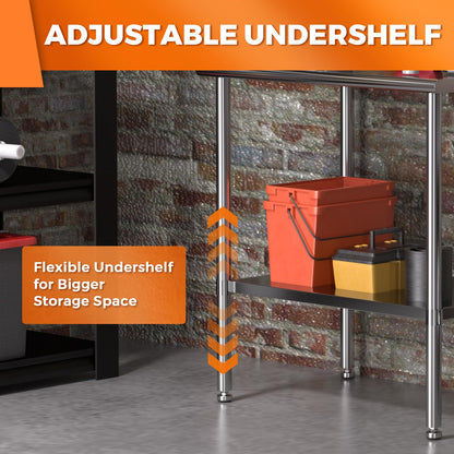 HOCCOT All Stainless Steel Work Table, Heavy Duty Prep Table 30x48 Inch with Stainless Steel Undershelf & Replaceable Feet(Without Casters) Commercial Workstation for Restaurant Kitchen Garage Outdoor
