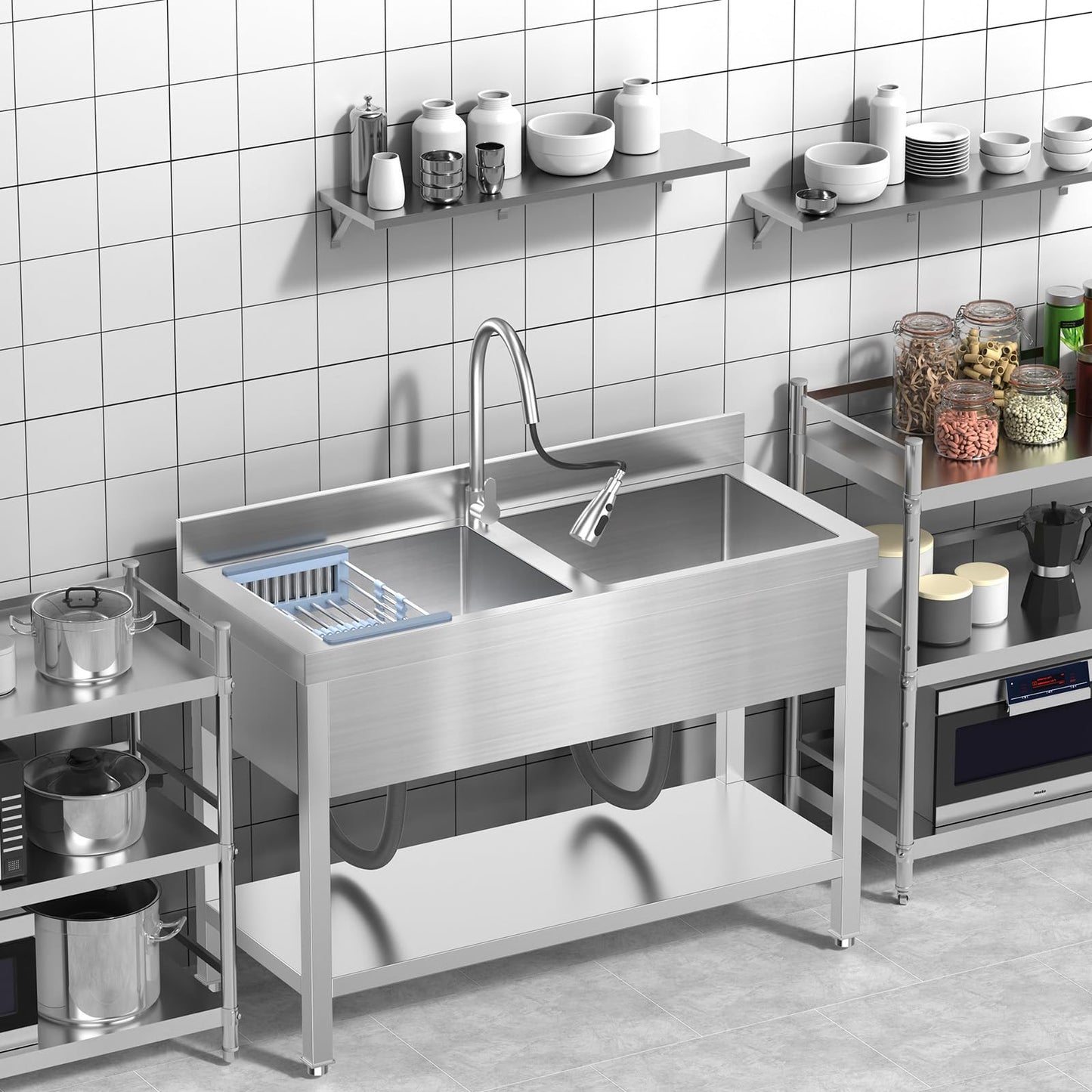 Double Bowl Kitchen Sinks Set w/Hot and Cold Faucet,Stainless Steel Utility Sink for Kitchen and Bathroom Farmhouse Style