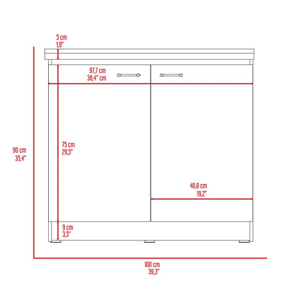 DEPOT E-SHOP Salento Utility Freestanding Sink with Cabinet 35.4" H x 39.3" W - Double Door, Two Shelves, Metal Handles, Aluminum Countertop, White, with Integrated Steel Sink