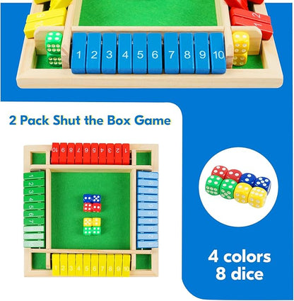 2 Pack Shut The Box Game 2-4 Play Wooden Dice Math Games for Adults and Kids Shut The Box Board with 8 Dices for Classroom Home Party Pub