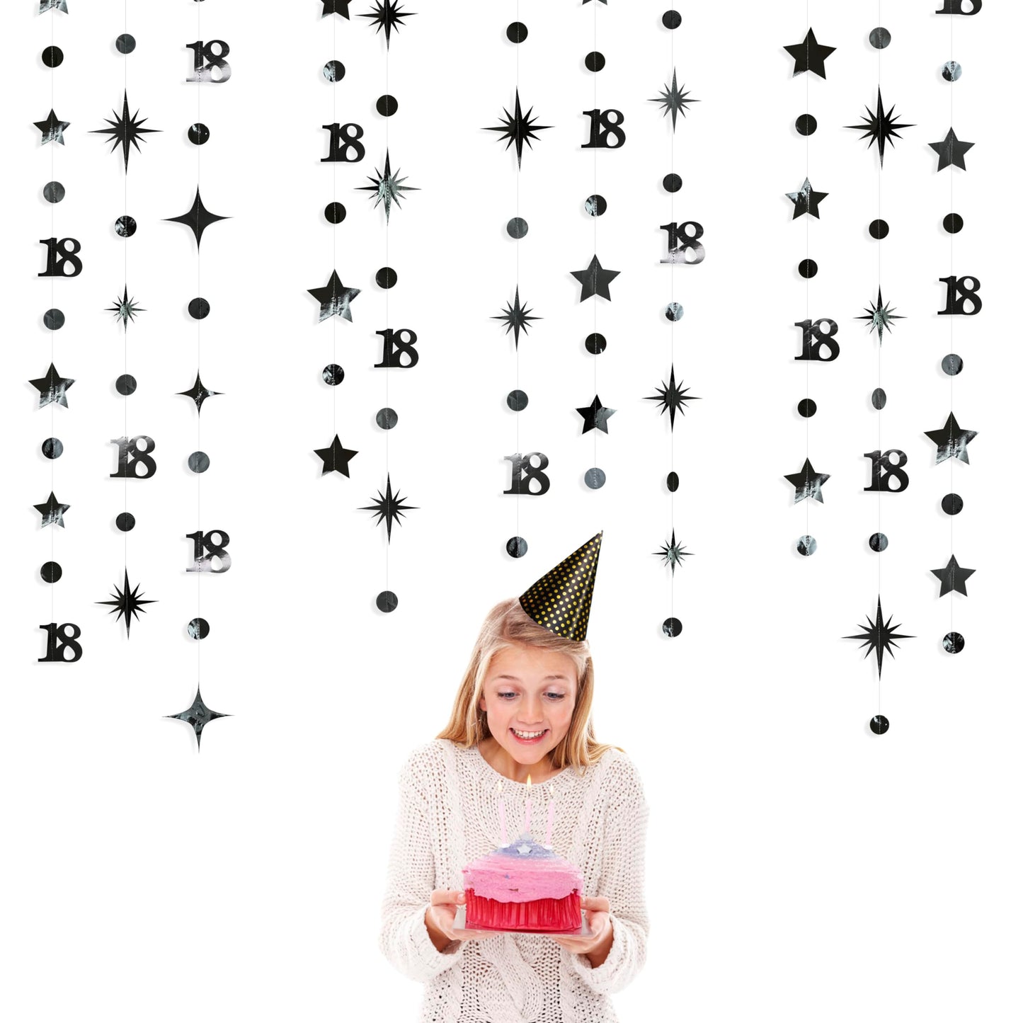 Black 18th Birthday Decorations Number 18 Circle Dot Twinkle Star Garland Metallic Streamer Banner Backdrop for Girls Boys Happy 18th Birthday Time to Adult Cheers to 18 Years Old Anniversary Party