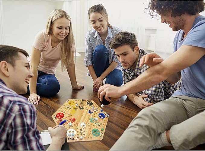 24 Wooden Wahoo Board Game Double-Sided for 4 or 6 Players Fast Track Board Game Original Marble Game Set with 36 Marbles 8 Dice for Family Night Parties and Adult Gifting